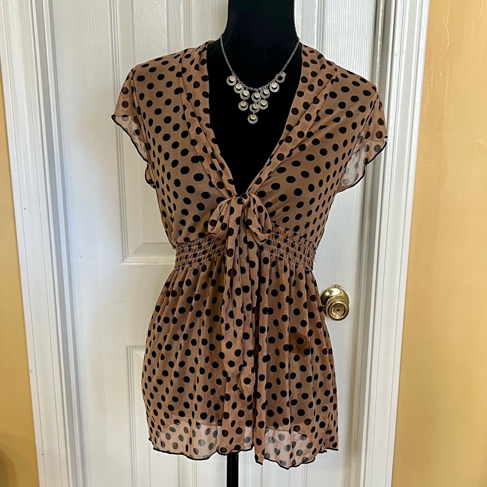 Pretty chocolate and black polka dot sheer blouse